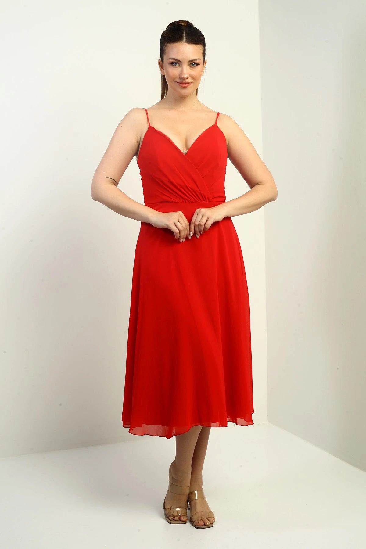 Image of Women's Strappy Wrap Neckline Lined Lace-Up Back Flared Chiffon Dress