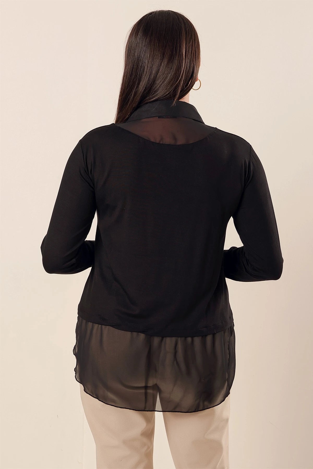 Image of Chiffon Detail Shirt Collar Relaxed Fit Plus Size Blouse