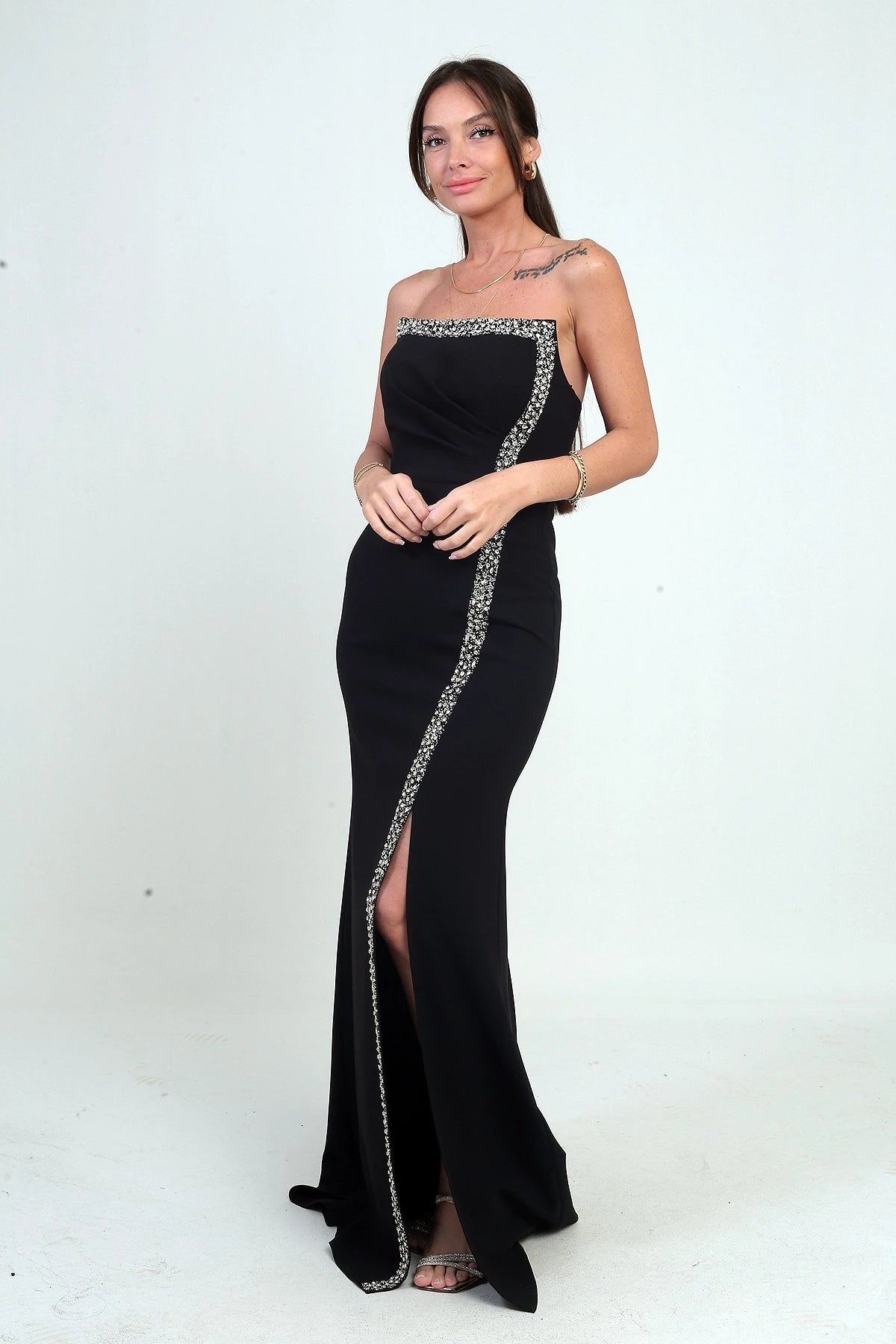 Image of Women's Long Crepe Dress with Draped Front and Stone Embellishments