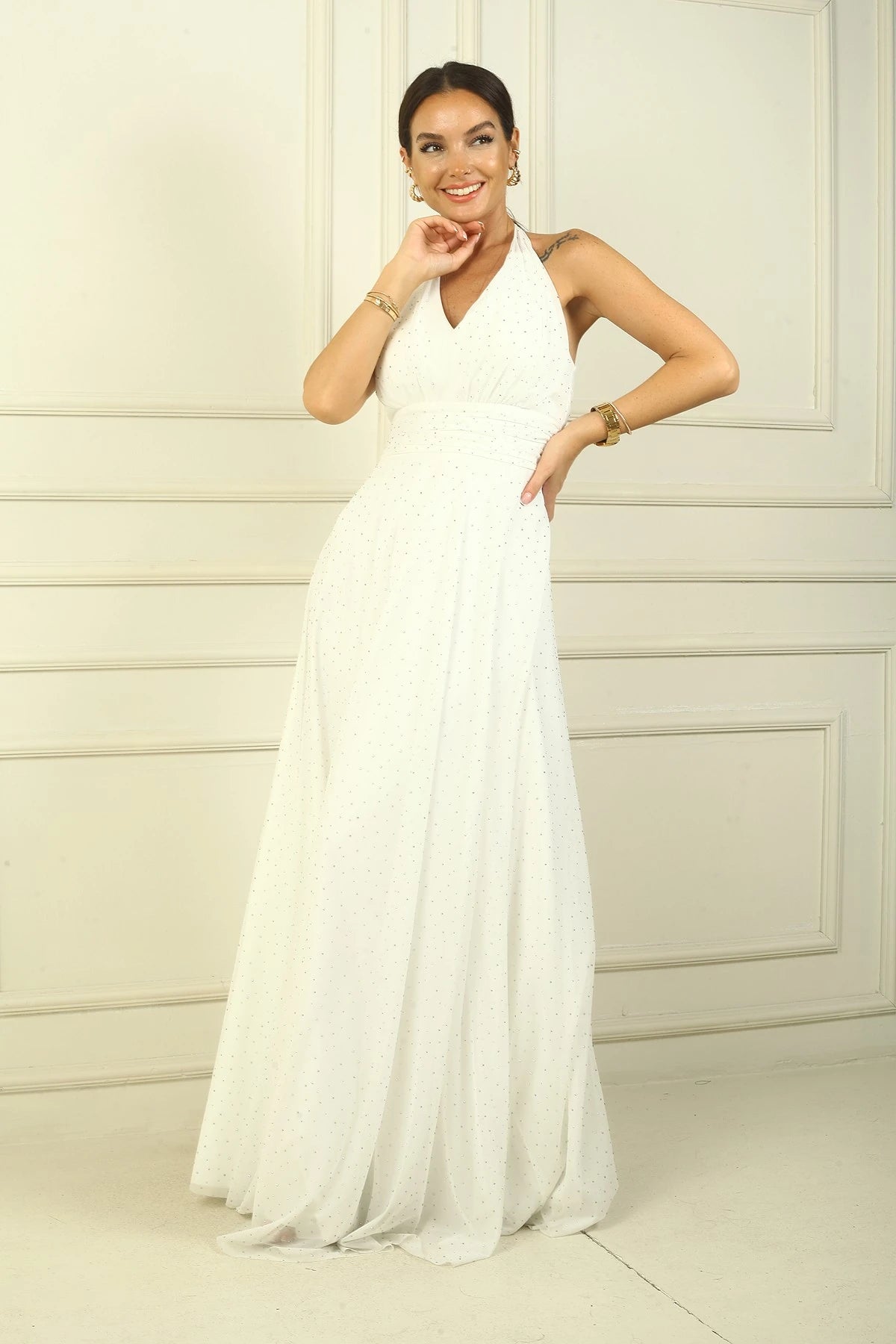 Image of Women's Halter Neck Stone Print Lined Long Tulle Dress
