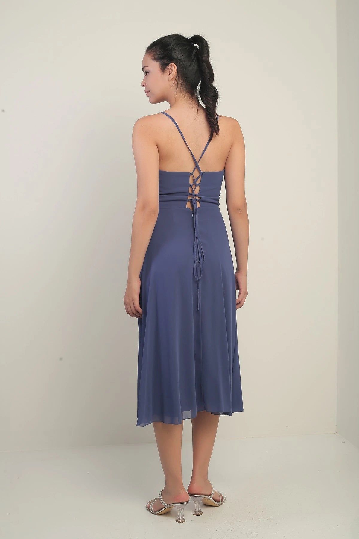 Image of Women's Strappy Wrap Neckline Lined Lace-Up Back Flared Chiffon Dress