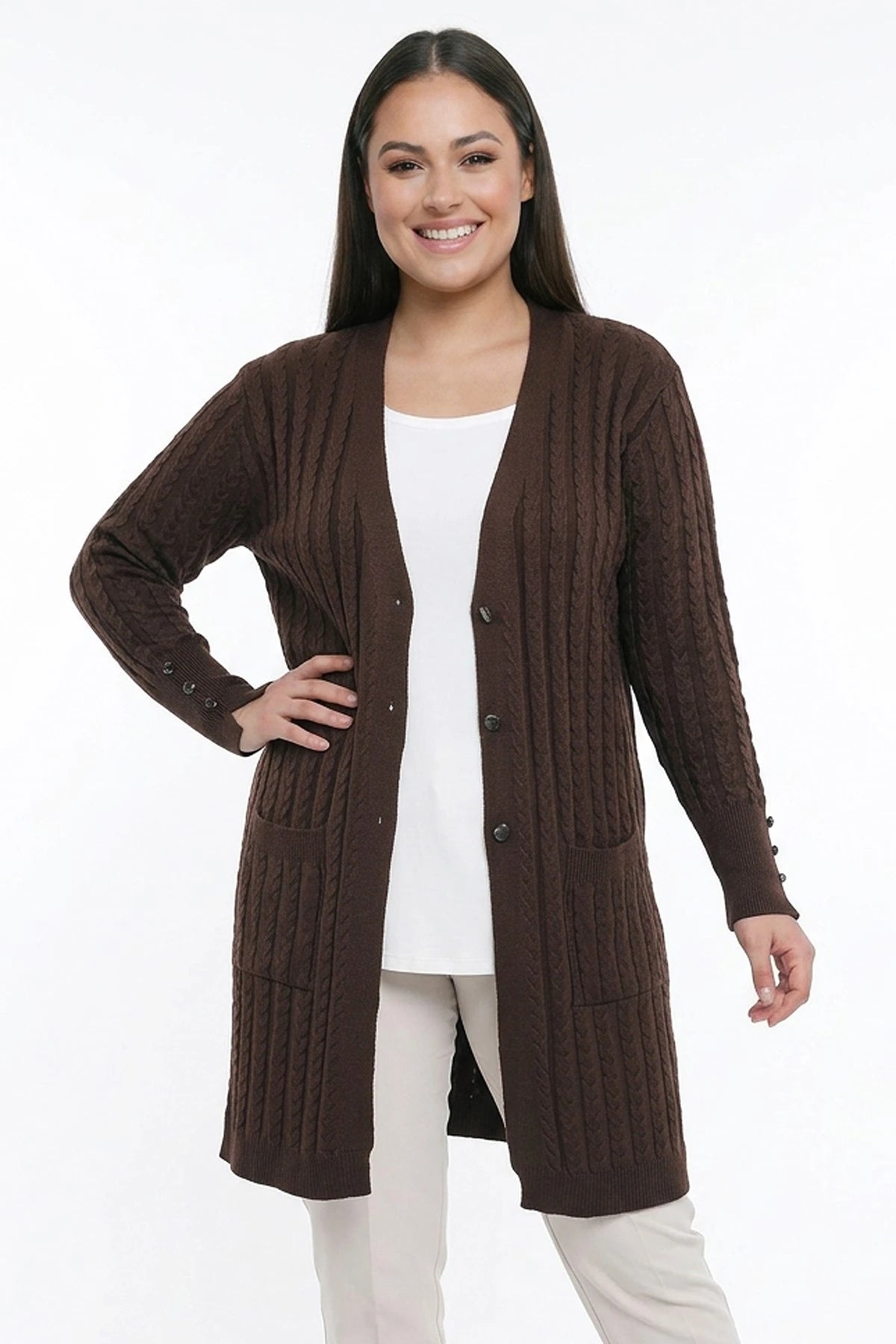 Image of Women's Cable Knit Mercerized Lycra Plus Size Cardigan