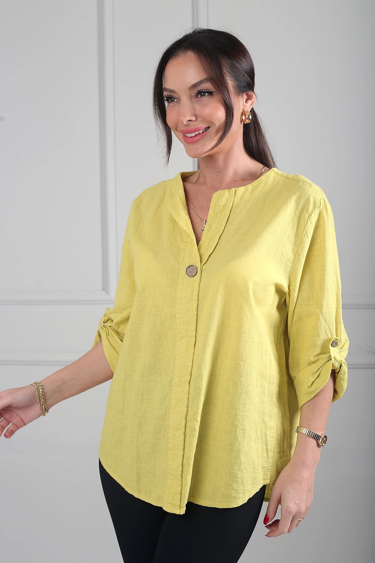 Image of Kadın Düğme Detaylı İtalyan Cotton Oversize Bluz