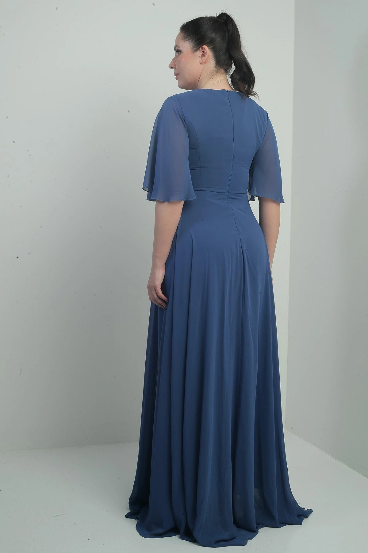 Image of Women's V-Neck, Waistband with Stone Embellishment, Draped, Lined, Plus Size Long Chiffon Dress