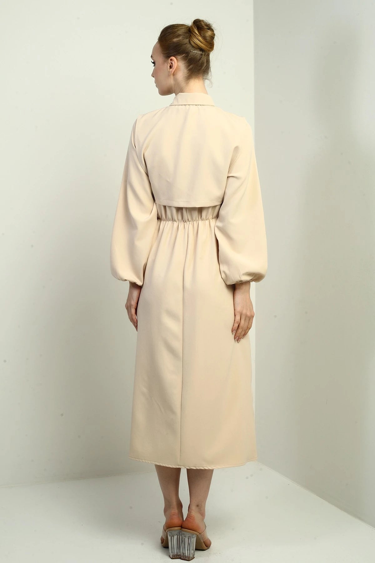 Image of Women's Button-Down Detachable Vest, Elastic Waist, Long-Sleeved Midi Dress