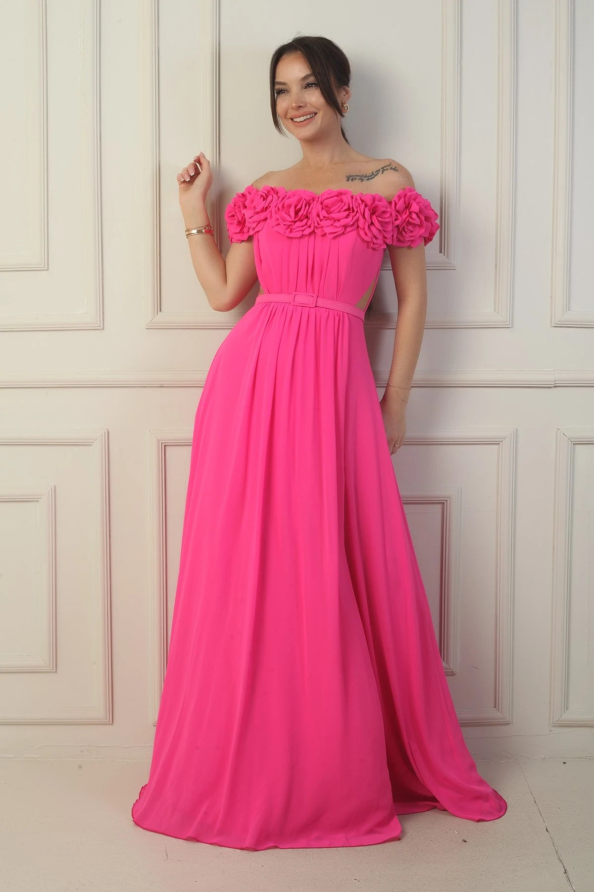 Image of Women's Long Chiffon Dress with Laser-Cut Floral Neckline and Lining, Belted Waist