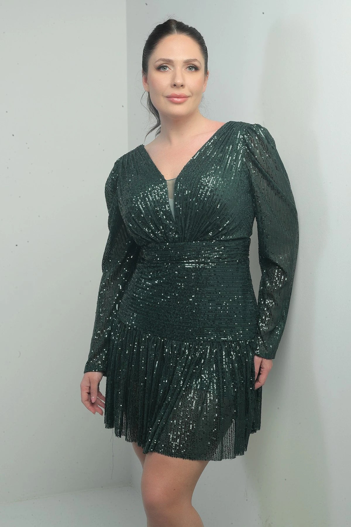 Image of Women's Front and Back V-Neck Lined Draped Long Sleeved Plus Size Sequin Dress