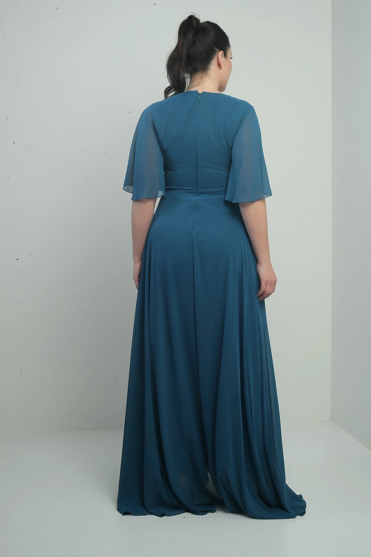 Image of Women's V-Neck, Waistband with Stone Embellishment, Draped, Lined, Plus Size Long Chiffon Dress