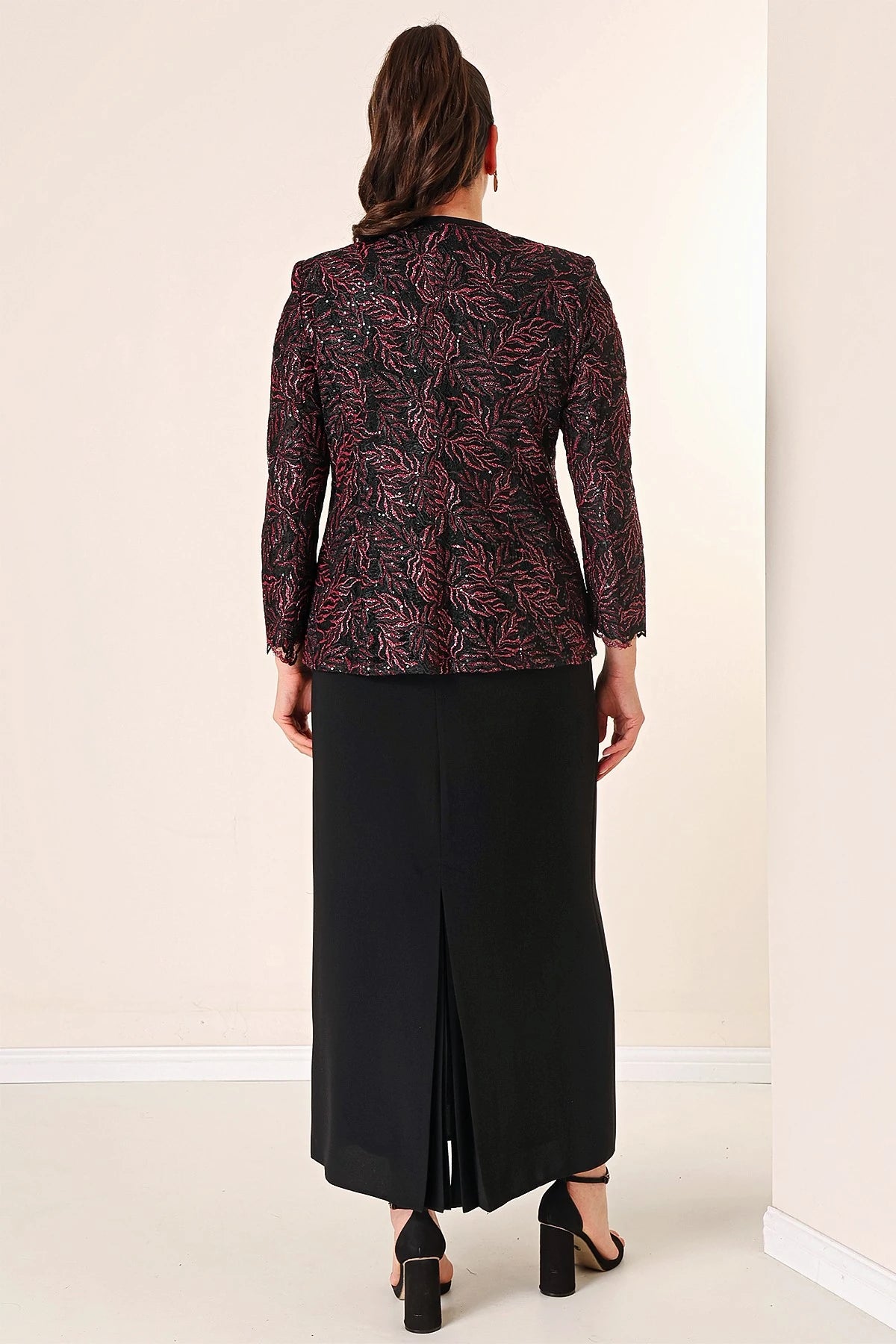 Image of Long Dress with Beaded Collar, Plus Size Two-Piece Set with Beaded and Sequin Embroidered Jacket, Lined.