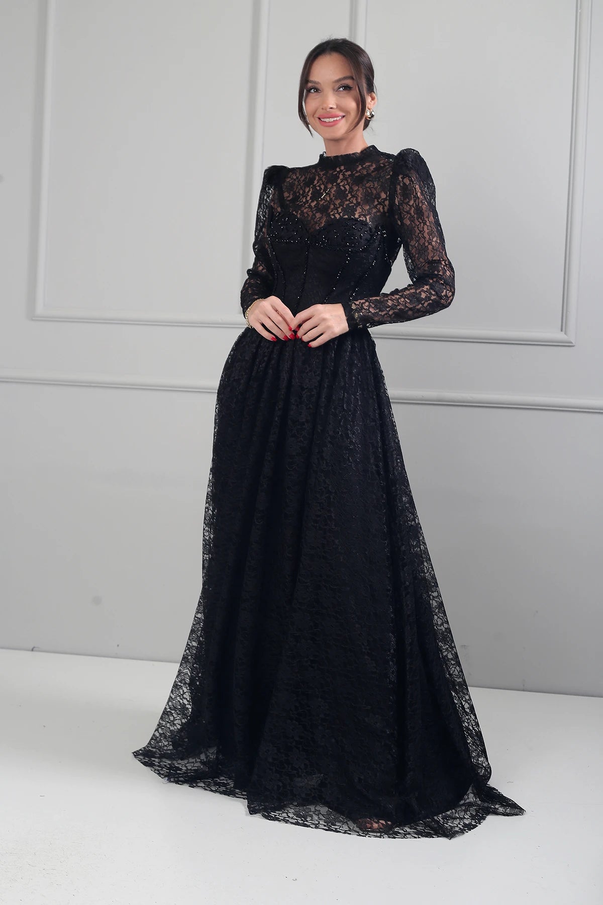 Image of Women's 3-Piece Strapless Evening Dress with Beaded Lace Fabric and Lining