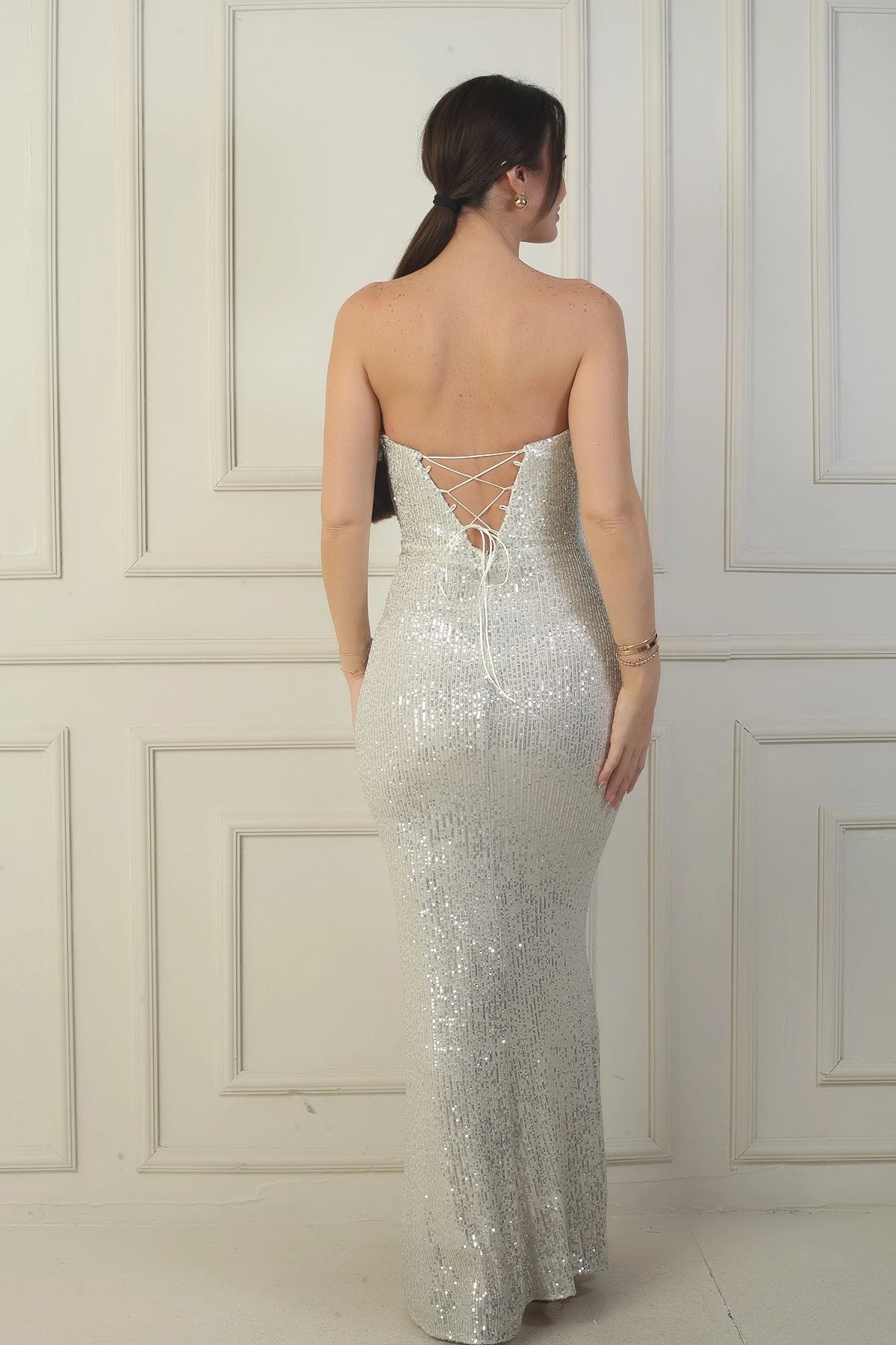 Image of Women's Strapless Underwired Back Lace-up Lined Slit Sequin Long Dress
