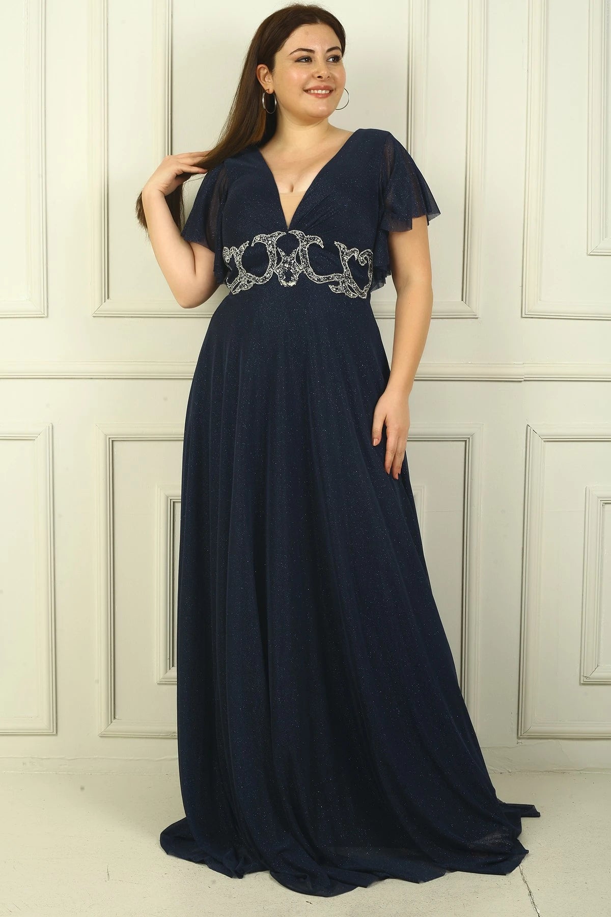 Image of Women's Front and Back V-Neck Waist Embellished, Lined, Glittery Plus Size Evening Dress