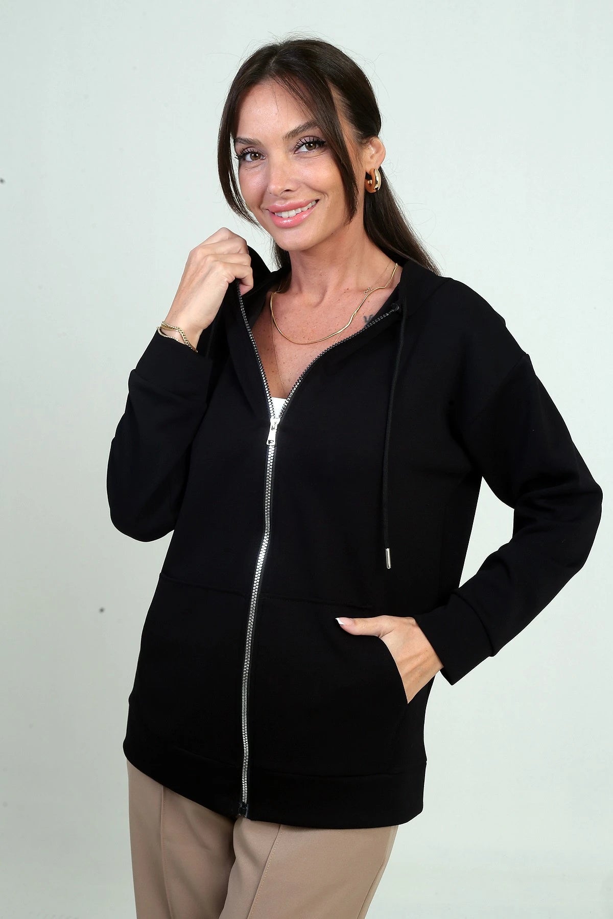 Image of Women's Hooded Osyho Cardigan with Kangaroo Pocket and Front Zipper
