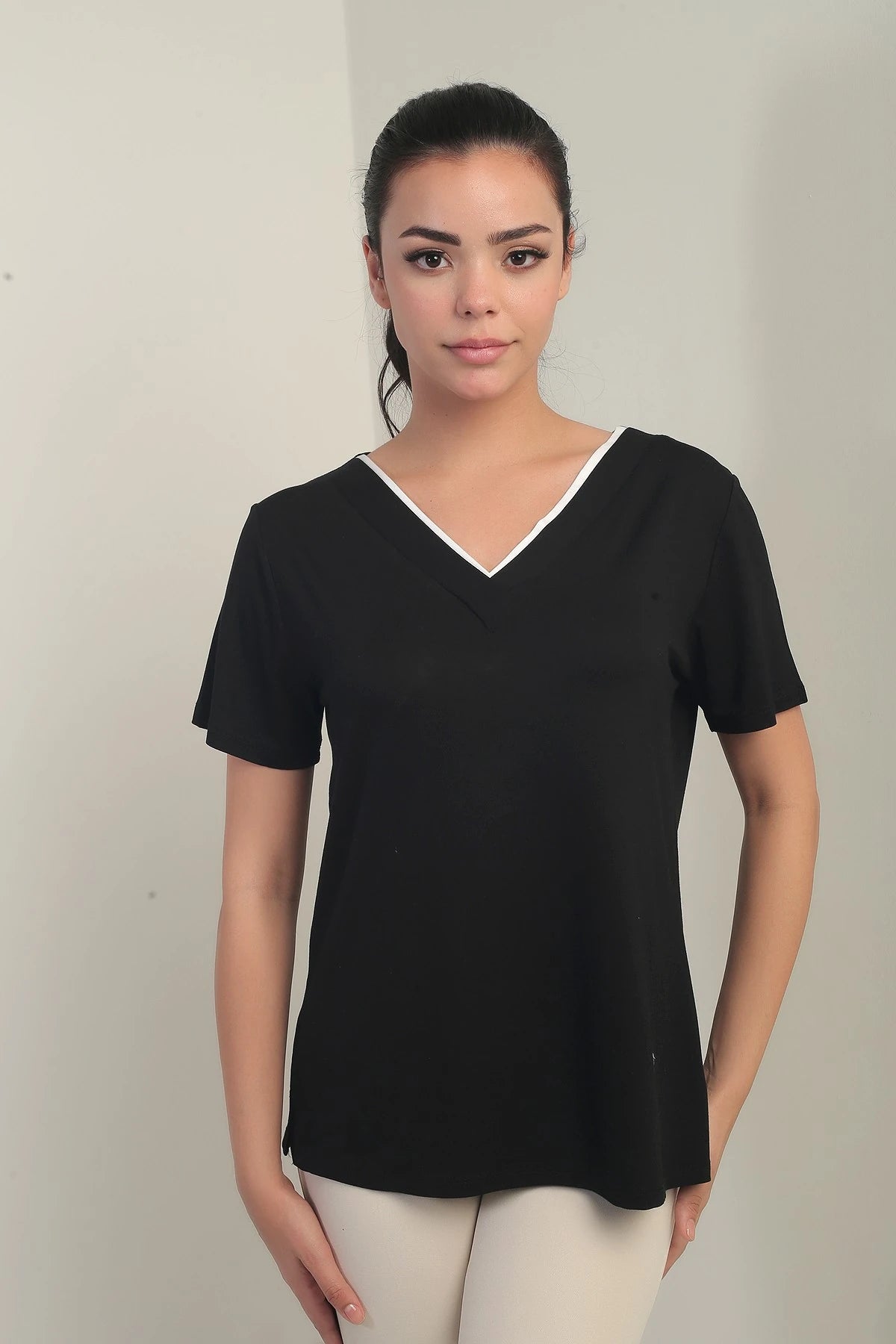 Image of Women's White V-Neck Lycra Blouse with Trim
