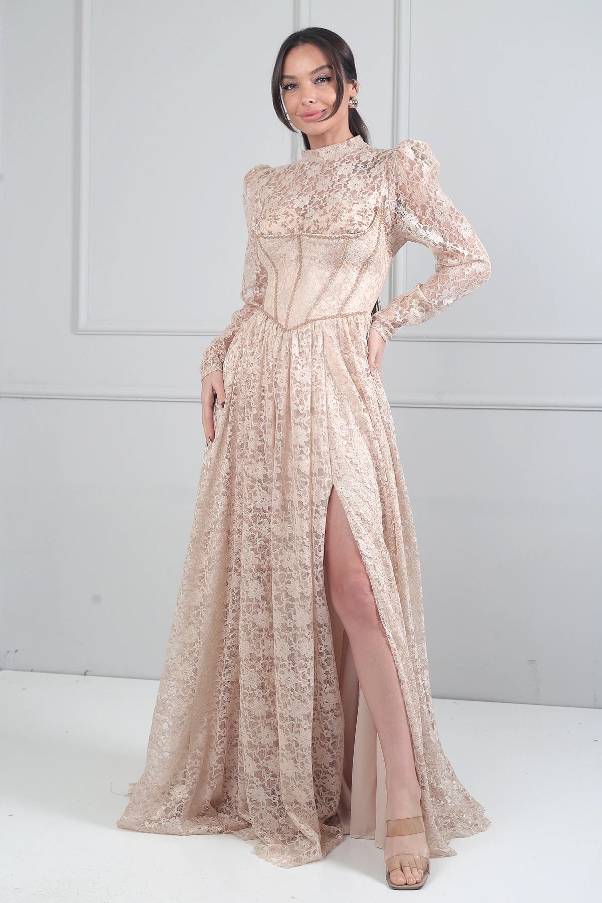 Image of Women's 3-Piece Strapless Evening Dress with Beaded Lace Fabric and Lining