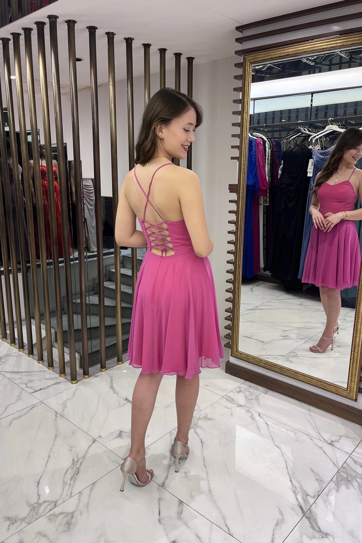 Image of Women's Strappy, Back-Tie, Front-Opening, Lined Chiffon Short Flared Dress