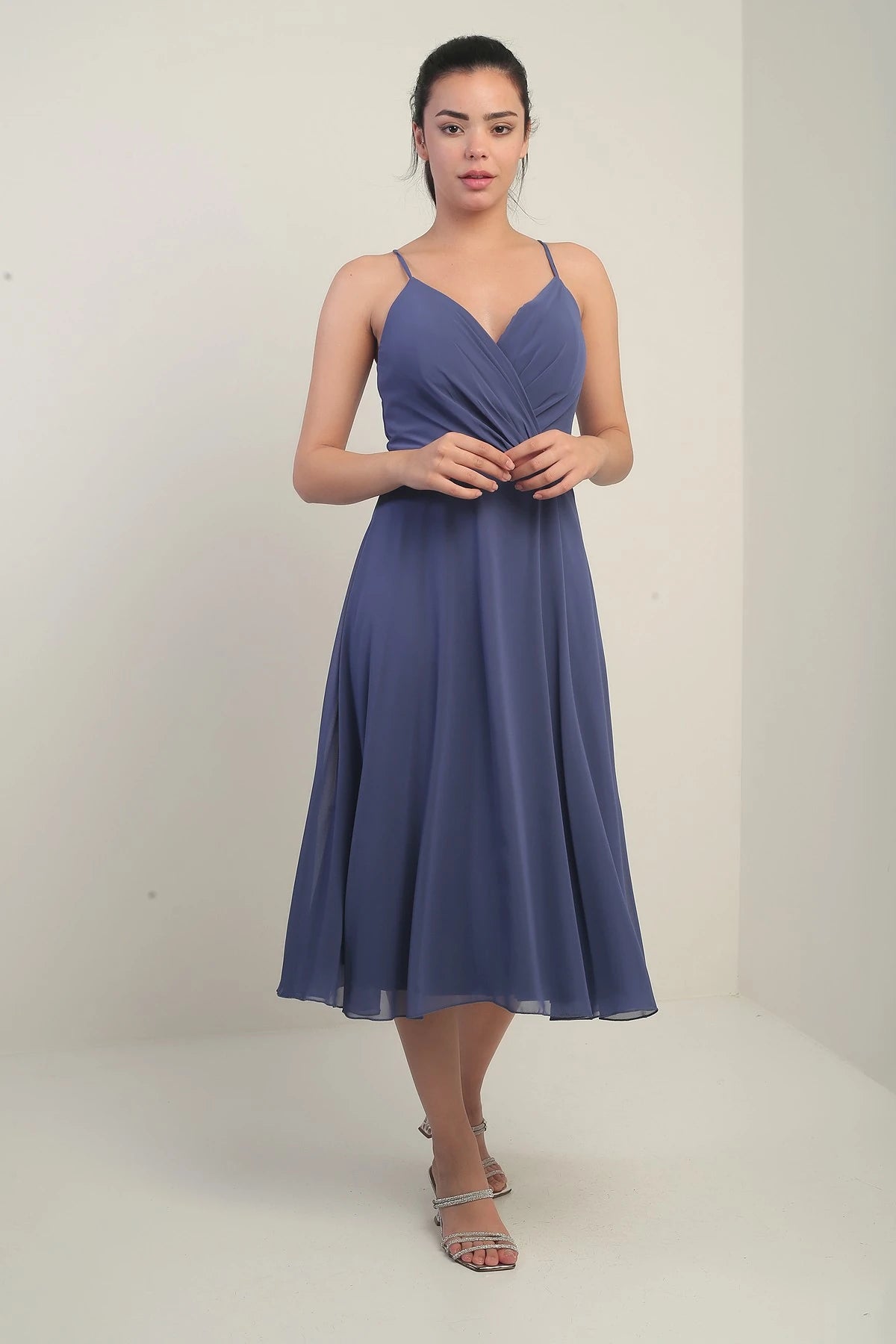 Image of Women's Strappy Wrap Neckline Lined Lace-Up Back Flared Chiffon Dress