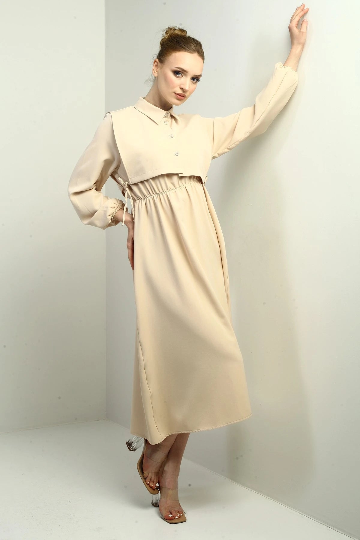 Image of Women's Button-Down Detachable Vest, Elastic Waist, Long-Sleeved Midi Dress