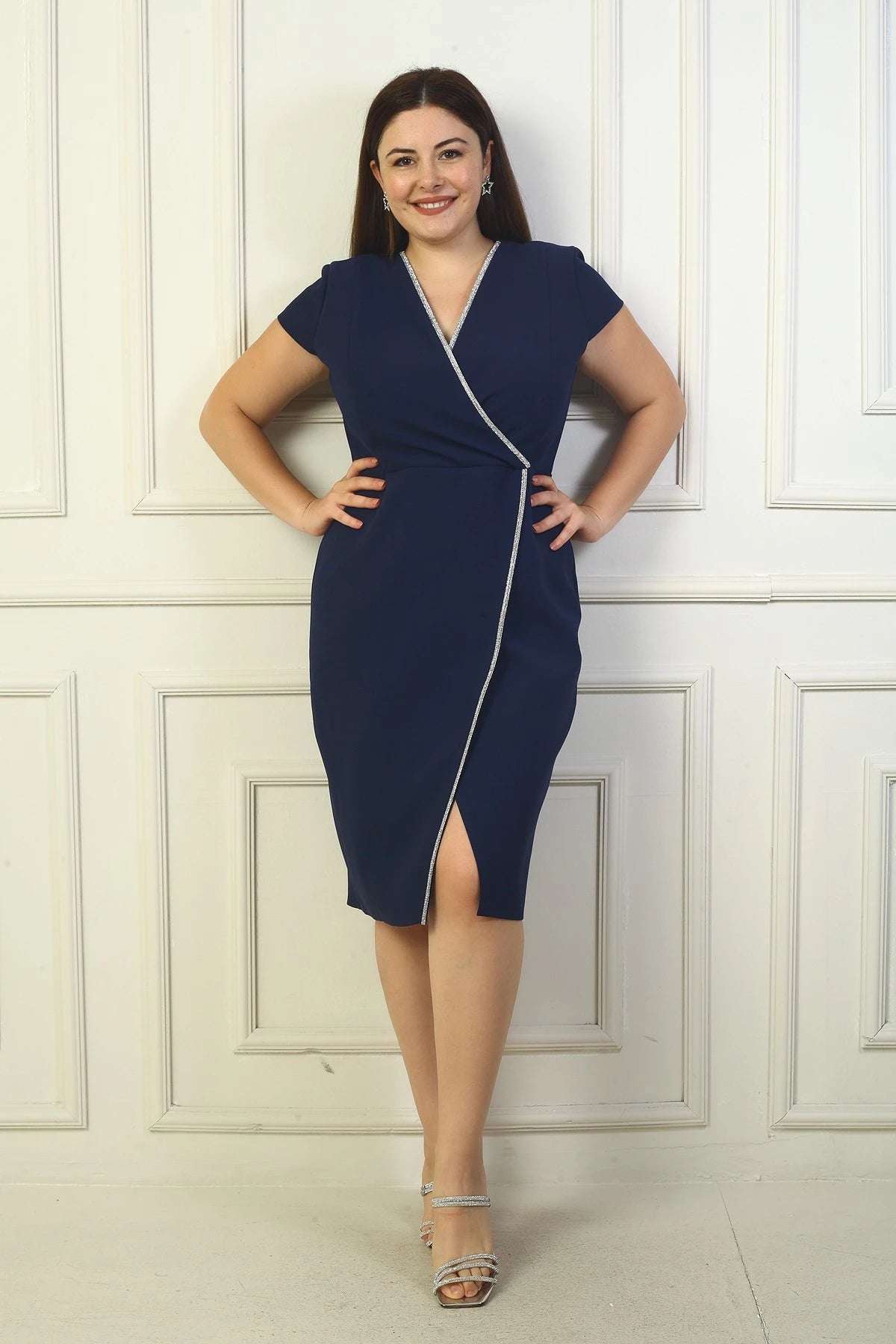 Image of Women's Wrap Neck Half-Moon Sleeve Embellished Front Slit BB Dress