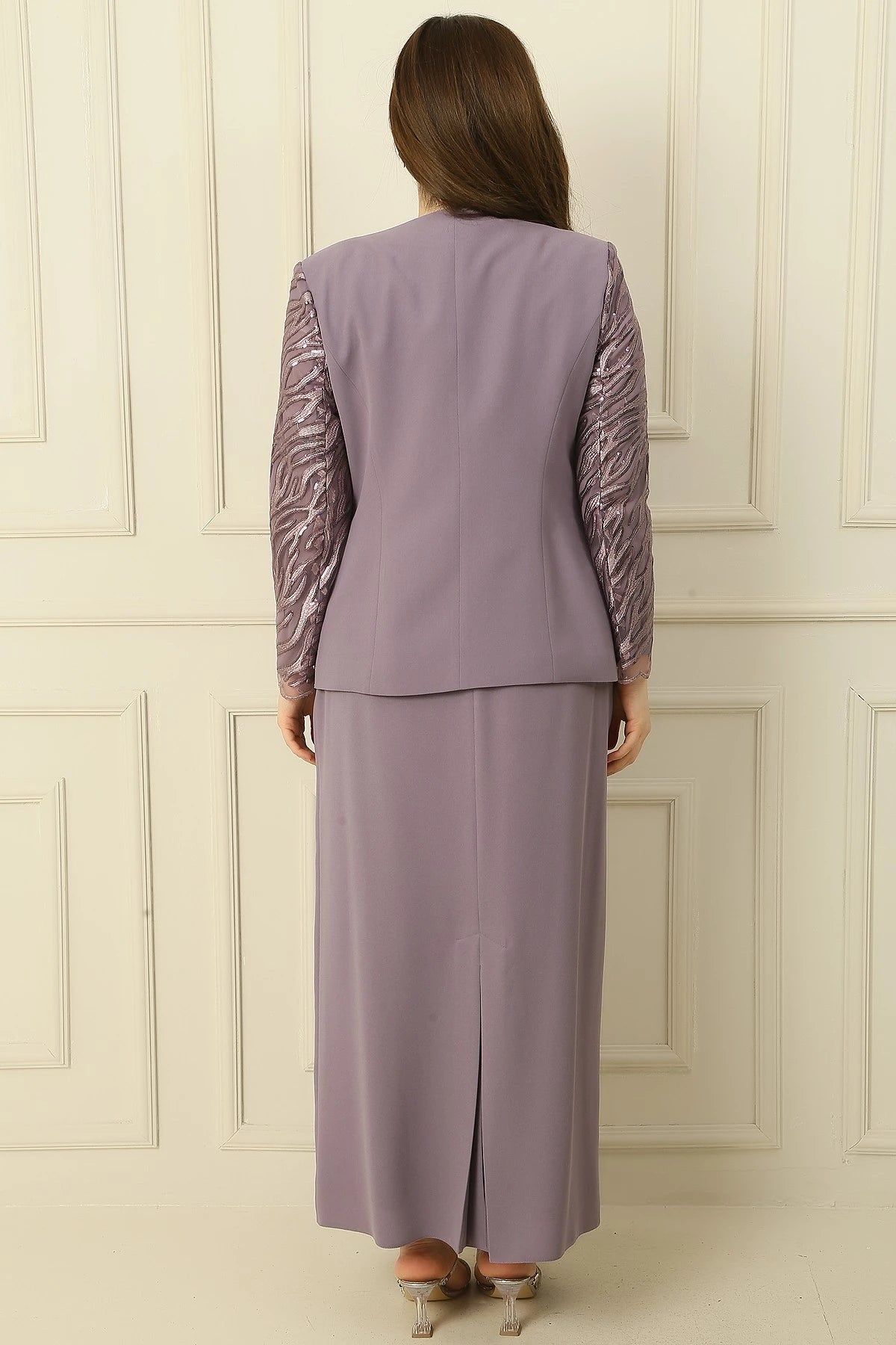 Image of Three-Piece Set: Half-Moon Sleeve Blouse, Sequin Embroidered Jacket and Skirt with Bead Details, Lined, Plus Size.