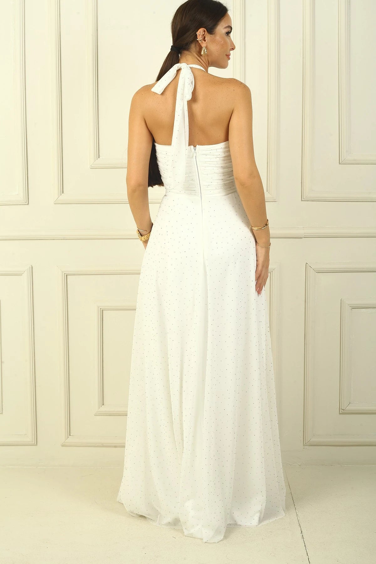 Image of Women's Halter Neck Stone Print Lined Long Tulle Dress