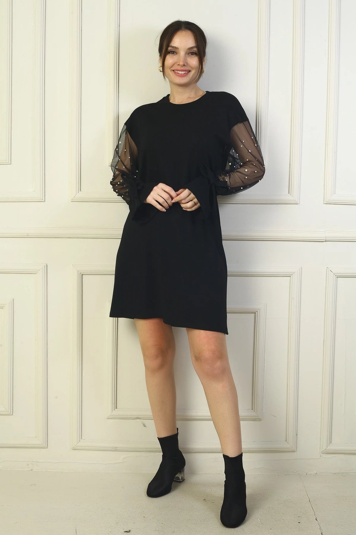 Image of Women's Round Neck Short Dress with Pearl Details and Tulle Sleeves