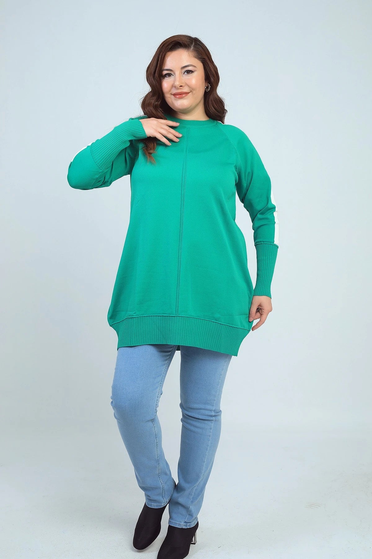Image of Kadın Kolları Şeritli Büyük Beden Tunik Bluz