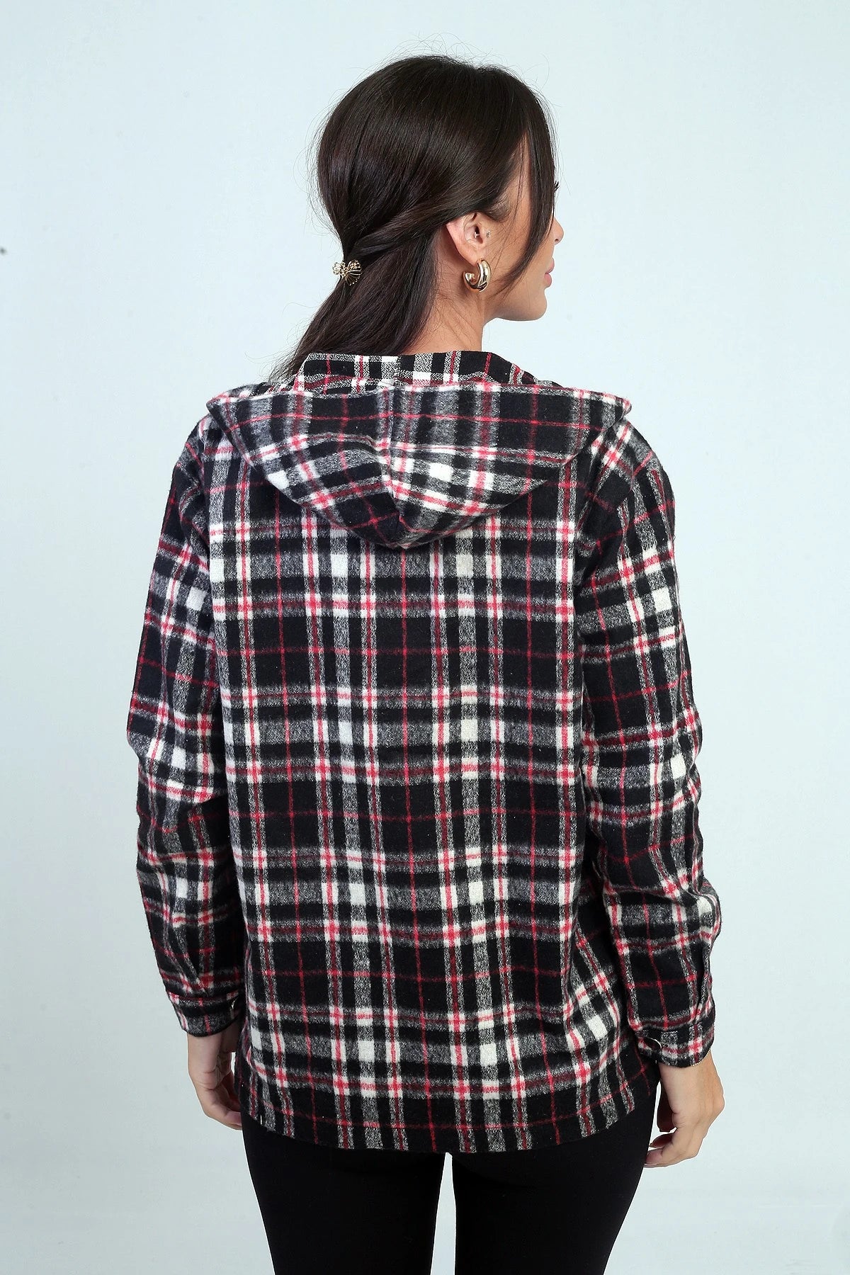 Image of Women's Hooded Plaid Shirt with Metal Buttons and Pockets