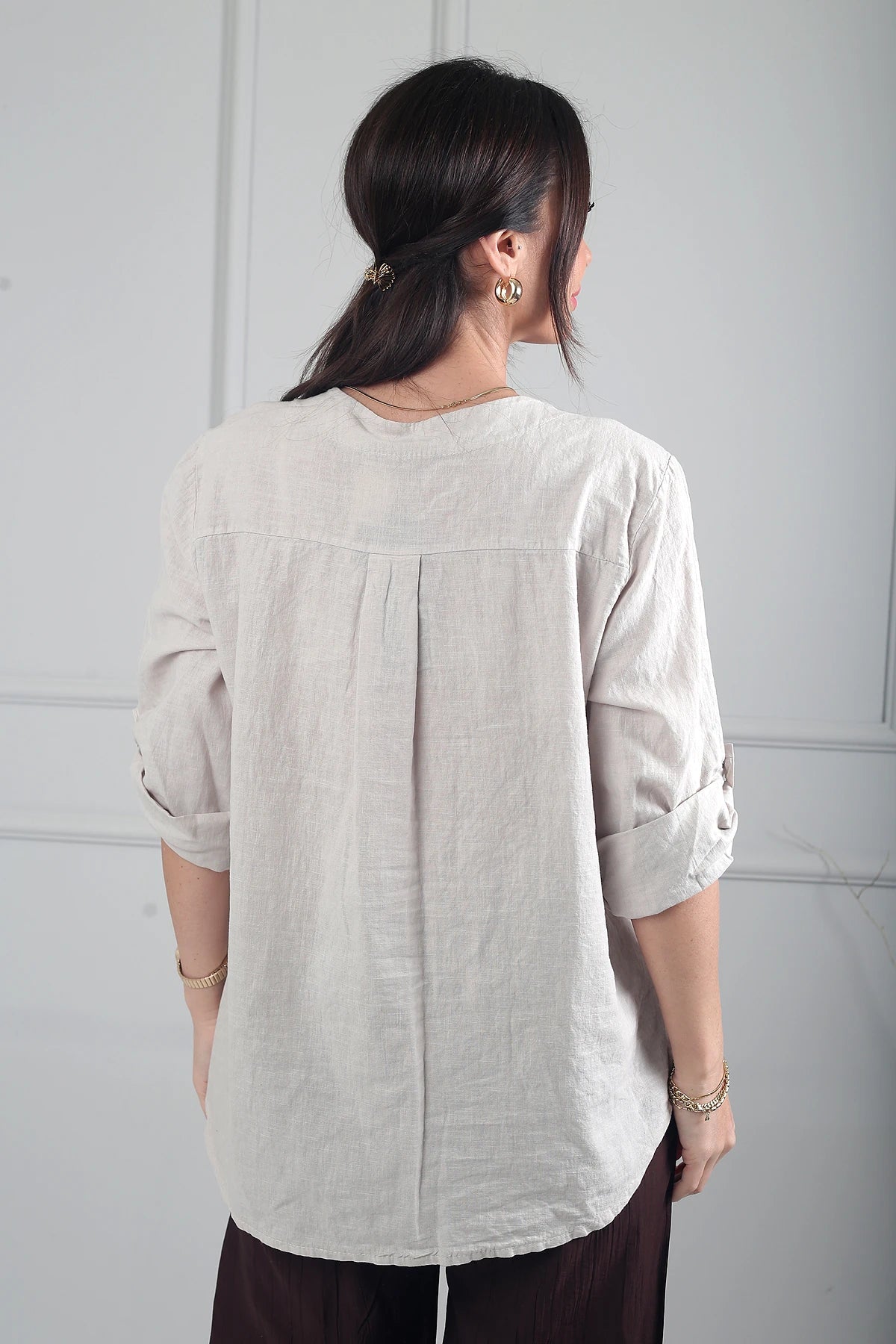 Image of Kadın Düğme Detaylı İtalyan Cotton Oversize Bluz