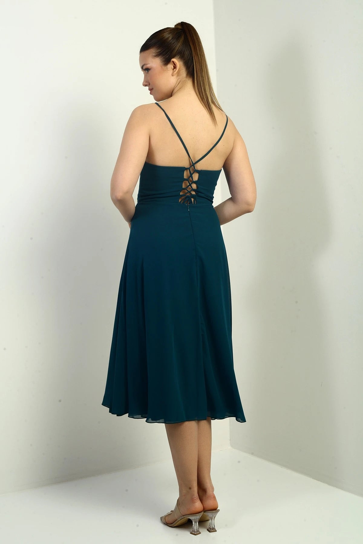 Image of Women's Strappy Wrap Neckline Lined Lace-Up Back Flared Chiffon Dress