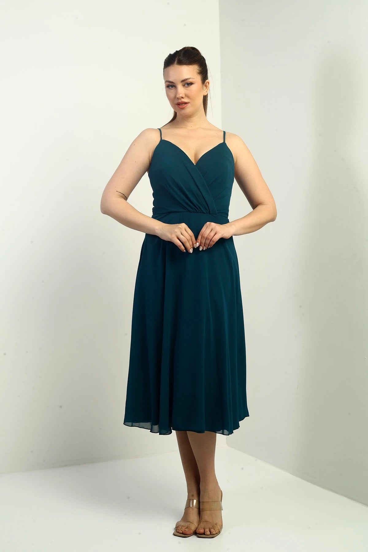 Image of Women's Strappy Wrap Neckline Lined Lace-Up Back Flared Chiffon Dress
