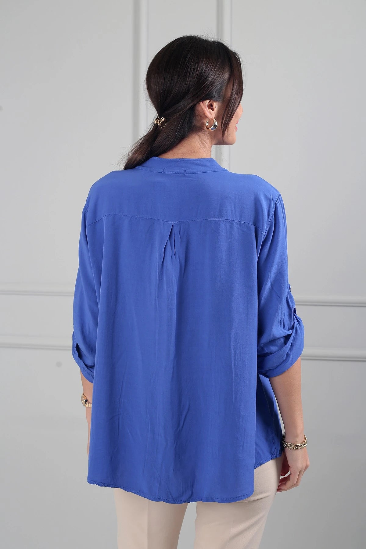 Image of Women's Oversize Imported Linen Shirt with Sequin Details and Single Pocket