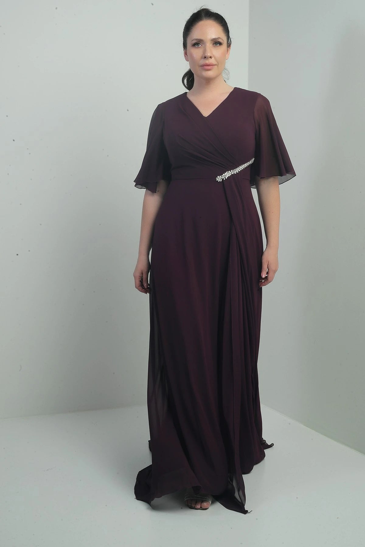 Image of Women's V-Neck, Waistband with Stone Embellishment, Draped, Lined, Plus Size Long Chiffon Dress