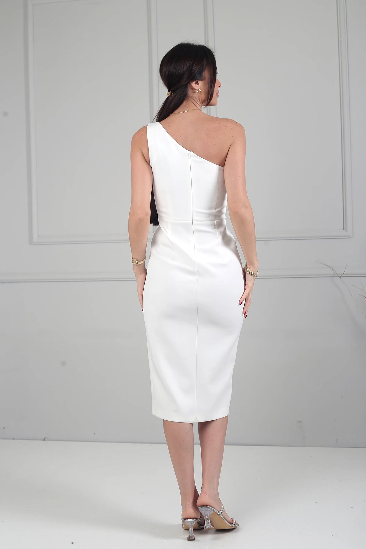 Image of Women's One-Shoulder Crepe Midi Dress with Floral Detail and Front Slit