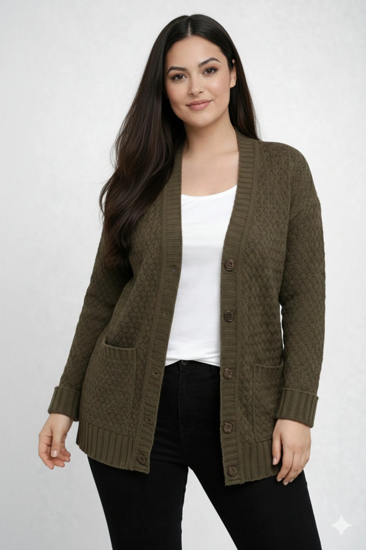 Image of Women's Basket Weave Pattern Pocketed Tunic Cardigan