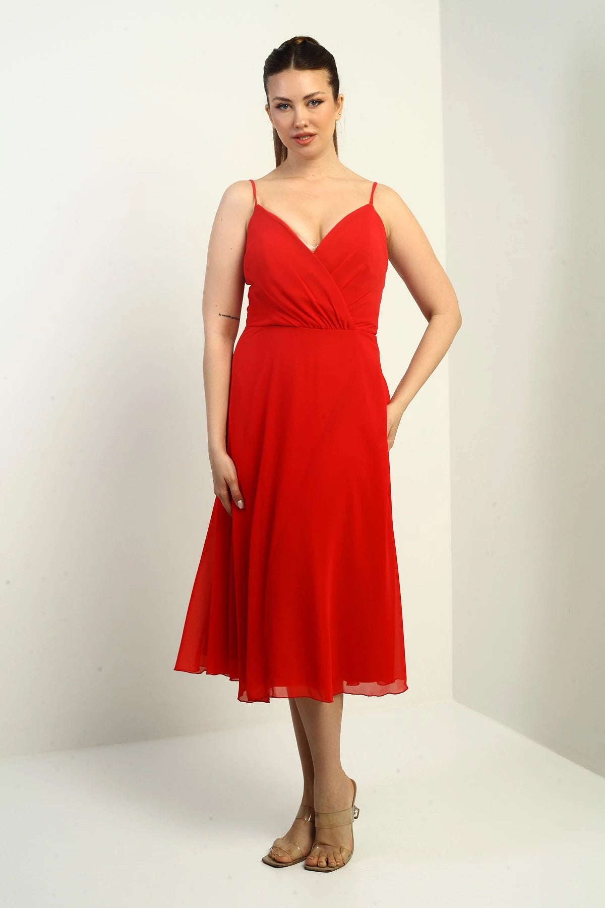 Image of Women's Strappy Wrap Neckline Lined Lace-Up Back Flared Chiffon Dress