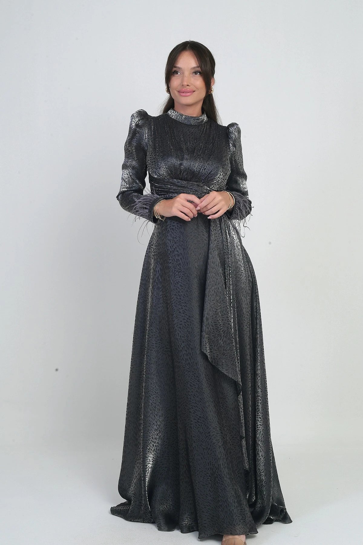 Image of Women's Long Flared Dress in Griter Chiffon with Draped Front, Ruffle Detail, Lined, and Feathered Sleeves.