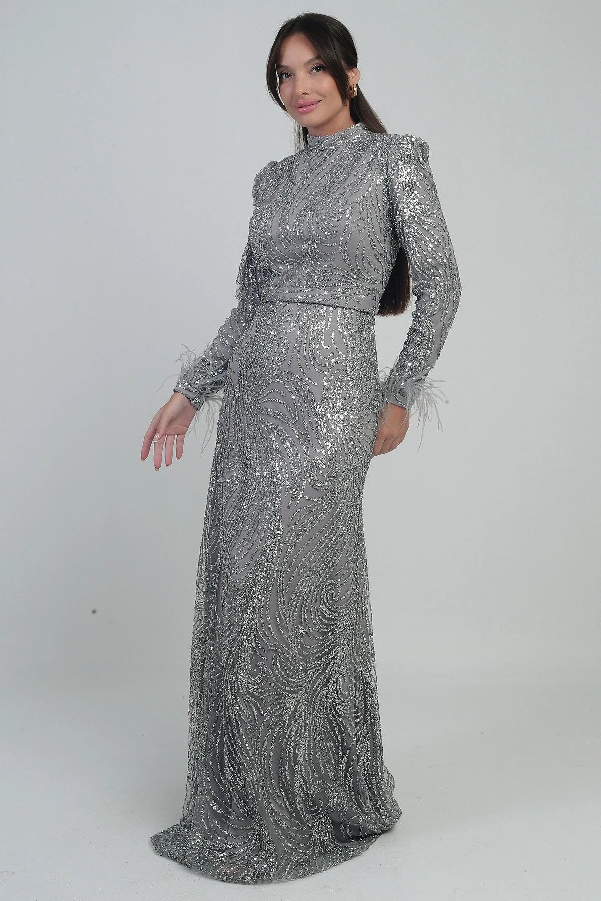 Image of Women's Long Tulle Dress with Feathered Sleeves, Beads and Sequins, and Lining