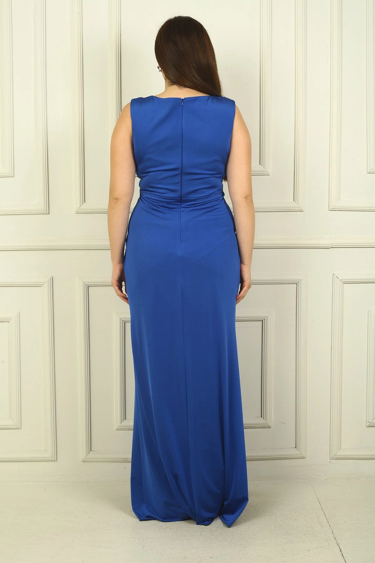 Image of Women's V-Neck Waist Buckle Draped Lined Front Slit Lycra Sandy Plus Size Long Dress
