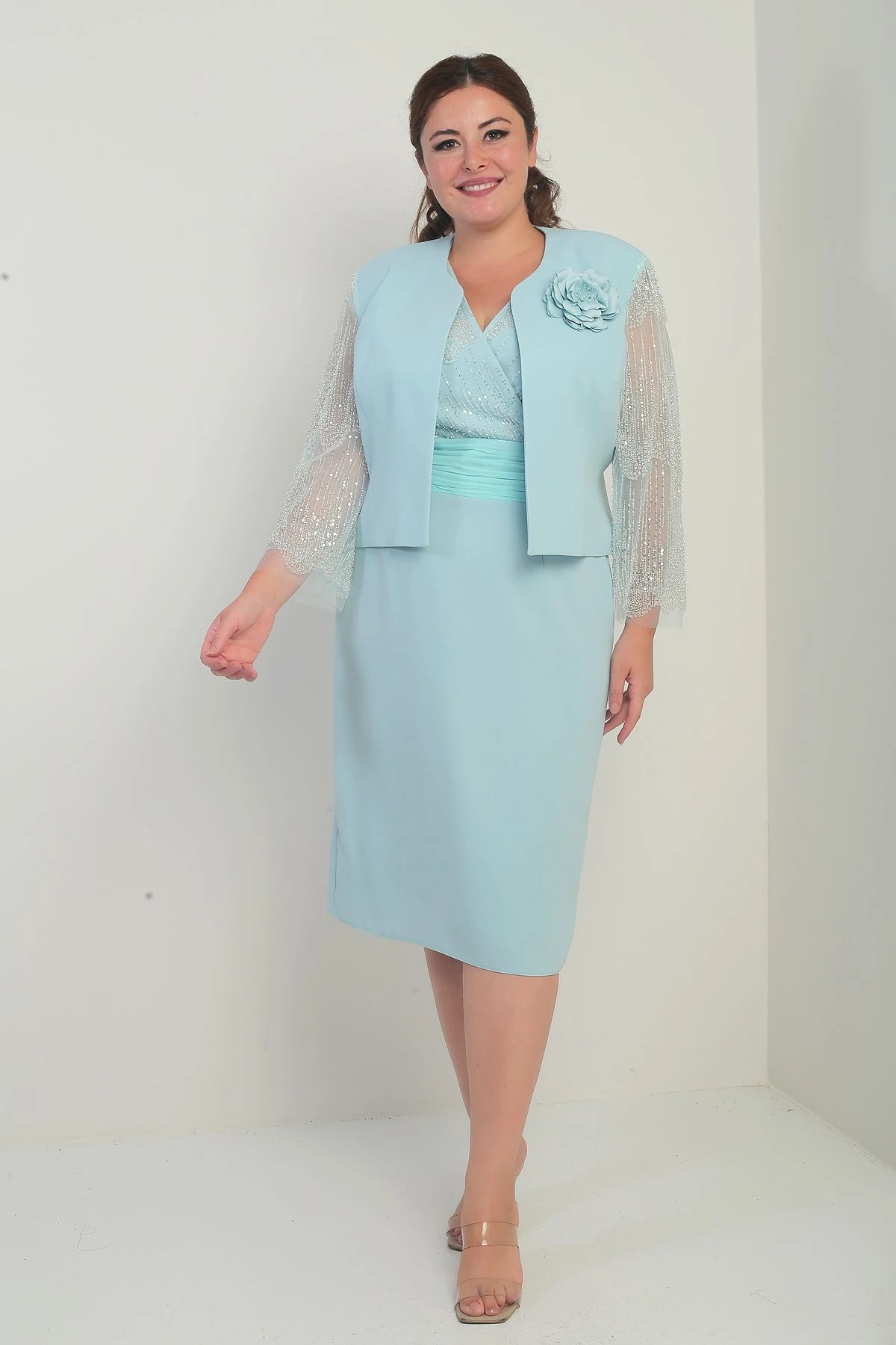 Image of Women's Wrap Neckline Draped Waist Dress with Tulle Sleeves, Lined Jacket with Sequin Details, Plus Size Two-Piece Set