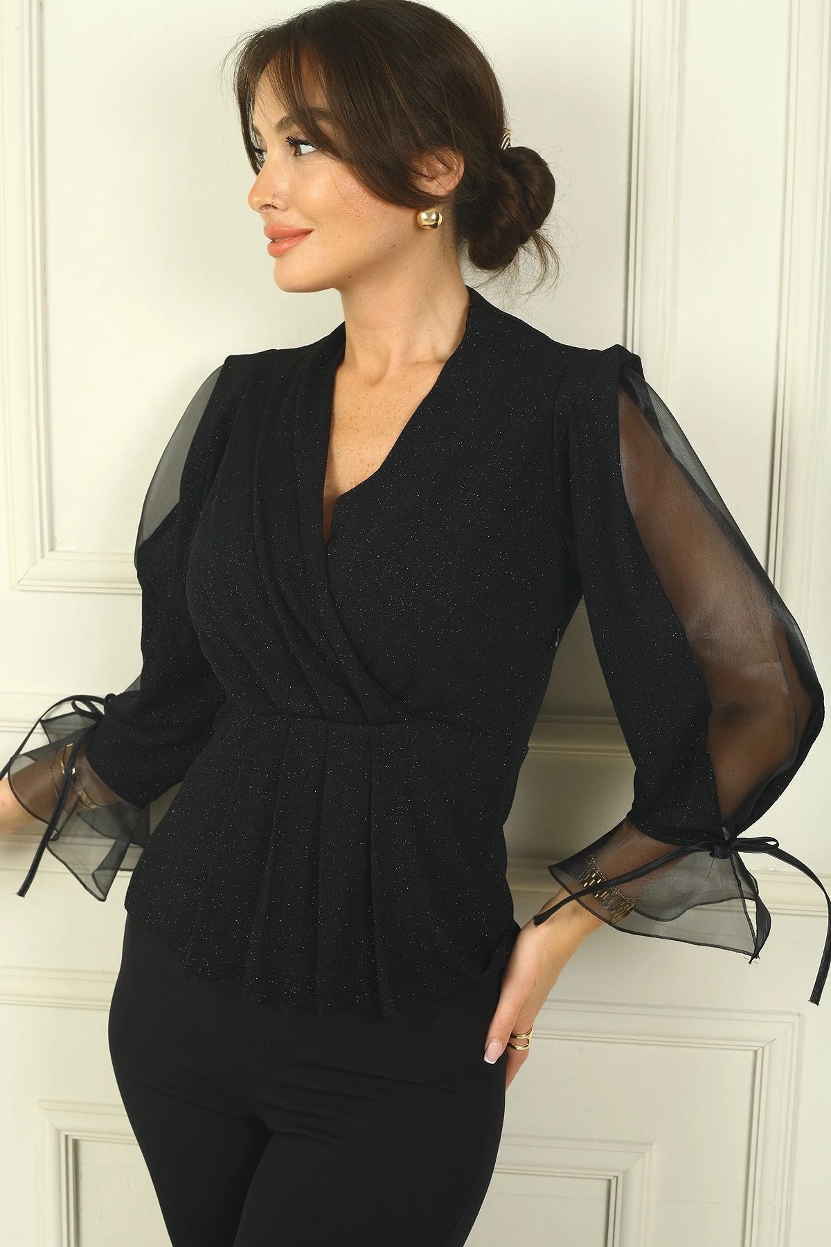 Image of Women's Wrap-Neck Half-Sleeve Organza Wide-Sized Glitter Blouse