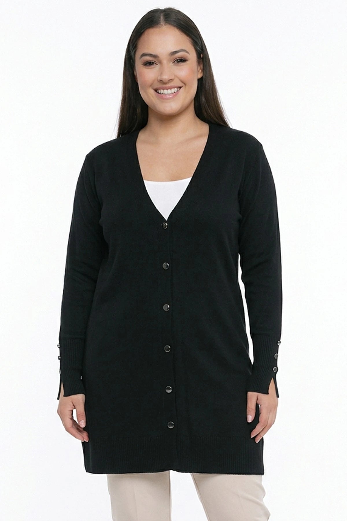 Image of Women's Plus Size Knitted Cardigan with Button Detail on Sleeves
