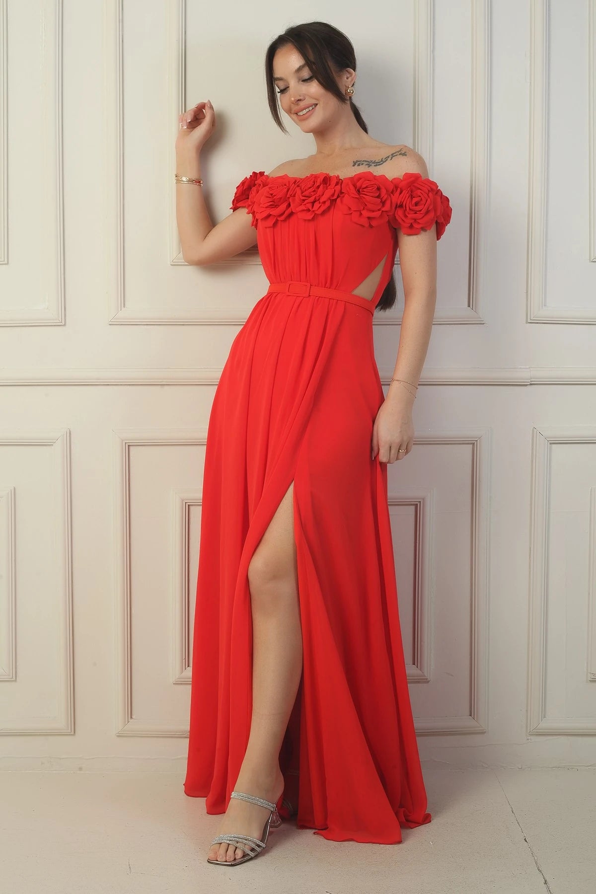 Image of Women's Long Chiffon Dress with Laser-Cut Floral Neckline and Lining, Belted Waist