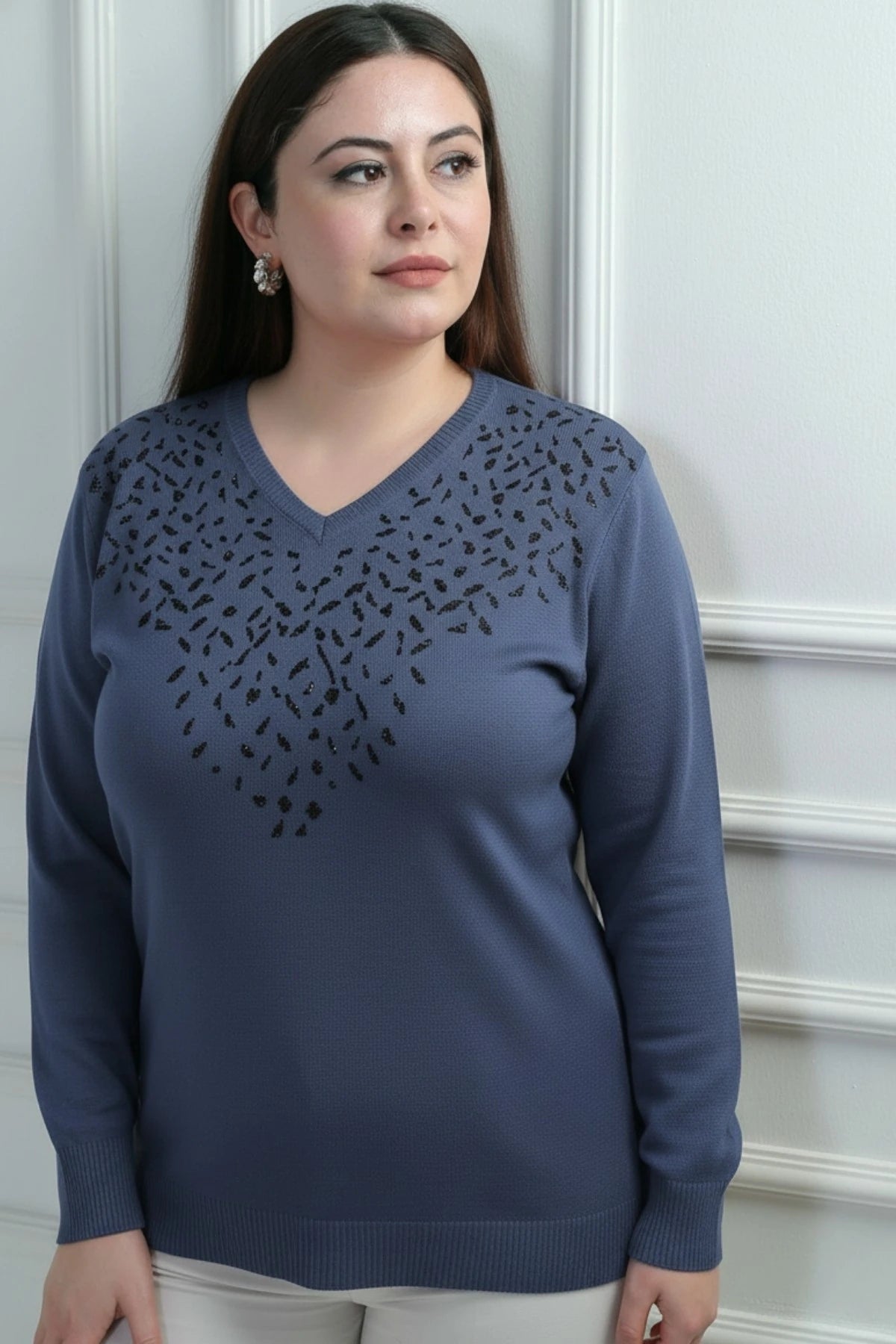 Image of Women's V-Neck Plus Size Knitted Blouse with Glitter Detail on the Front