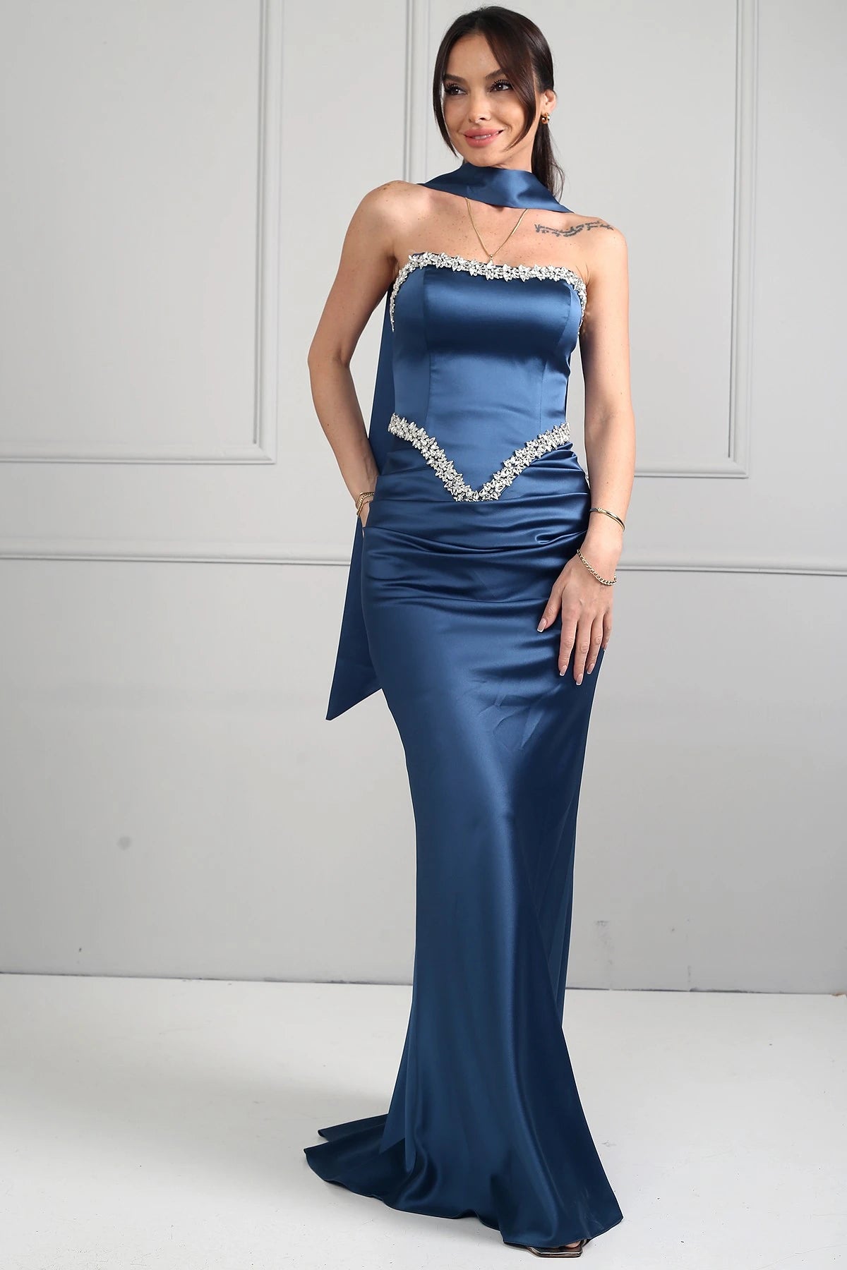 Image of Women's Strapless, Sheer Strap, Lined, Sparkling Stone Detail, Draped Front, Bias-Shaped Skirt Satin Long Dress