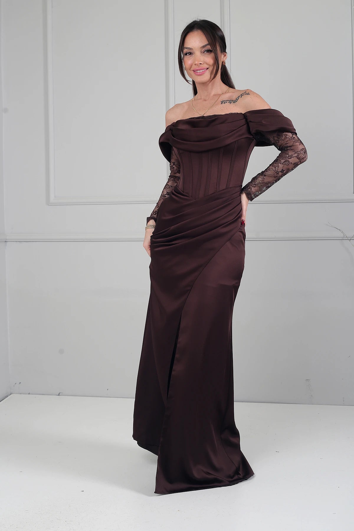 Image of Women's Boat Neck Lace Sleeve Lined Long Satin Dress