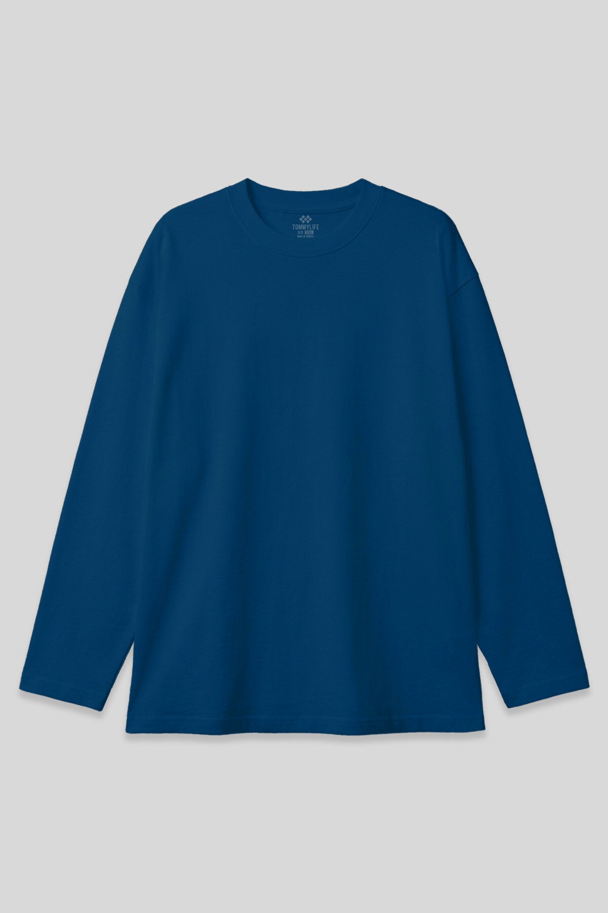 Image of Indigo Crew Neck Relaxed Fit Plus Size Long Sleeve Men's T-Shirt - 88107