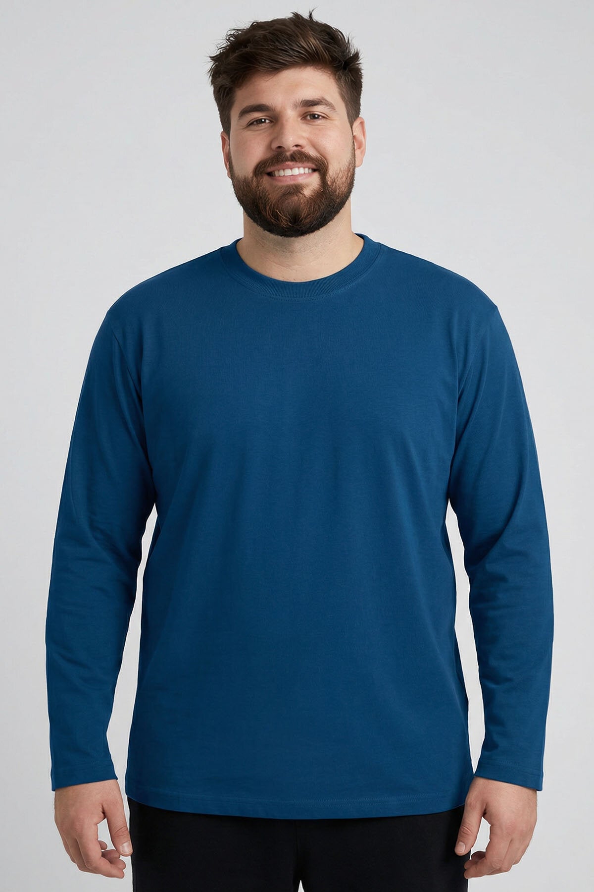 Image of İndigo O Yaka Rahat Form Battal Büyük Beden Uzun Kollu Erkek T-Shirt - 88107
