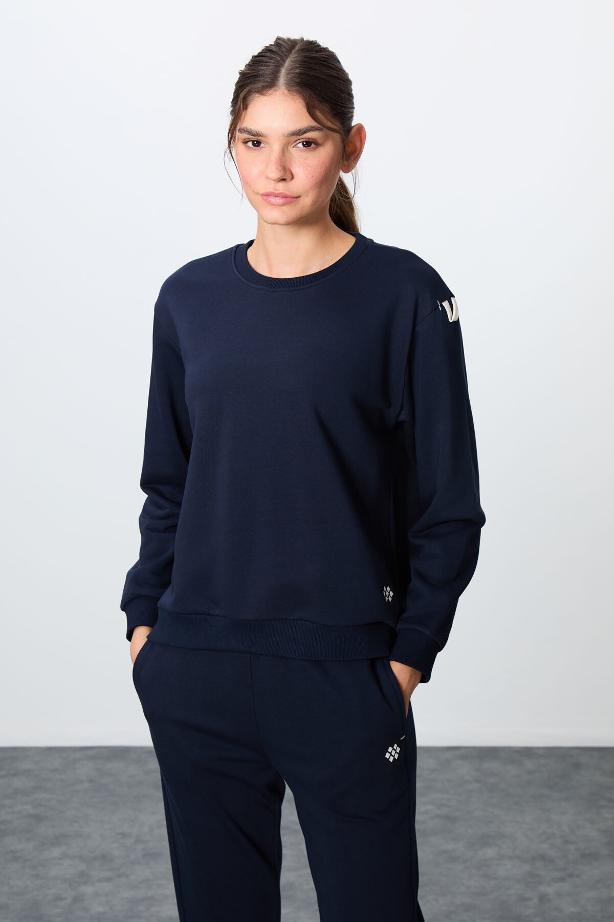 Image of Trening Indigo Compact Cotton, gros, texturat, cu guler în O, croială supradimensionată, pentru femei - 95341