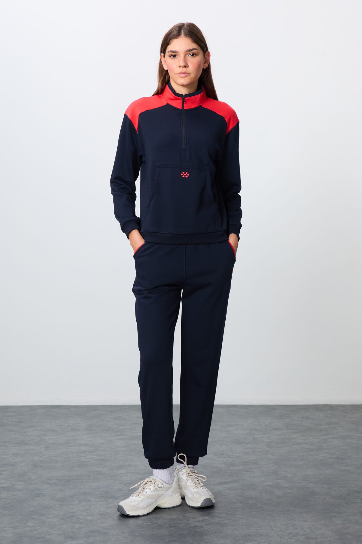 Image of Indigo Compact Cotton Thick Smooth Textured High Neck Oversize Fit Women's Tracksuit Set - 95342